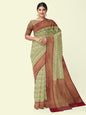 Faishana Presents Presents Off White Cotton Floral Jaal Pattern Banarasi Pink Border Saree