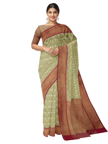 Faishana Presents Presents Off White Cotton Floral Jaal Pattern Banarasi Pink Border Saree