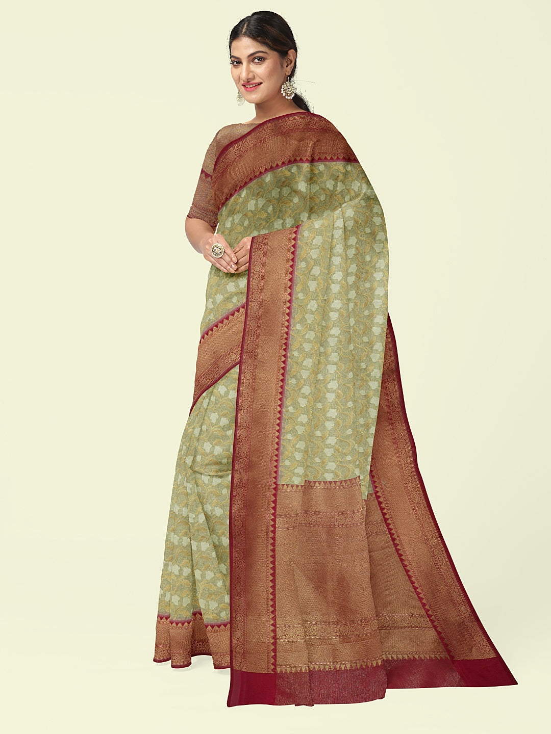 Faishana Presents Presents Off White Cotton Floral Jaal Pattern Banarasi Pink Border Saree