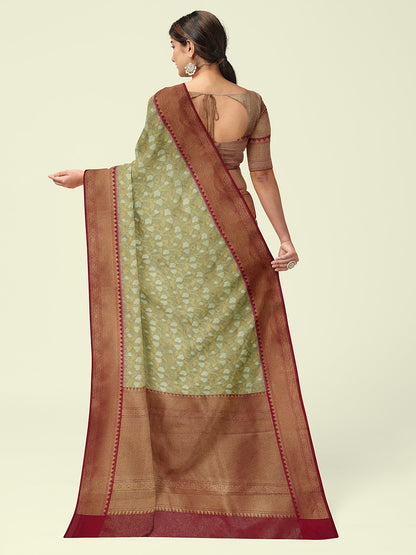 Faishana Presents Presents Off White Cotton Floral Jaal Pattern Banarasi Pink Border Saree