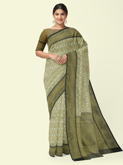 Faishana Presents Presents Off White Cotton Floral Jaal Pattern Banarasi Black Border Saree