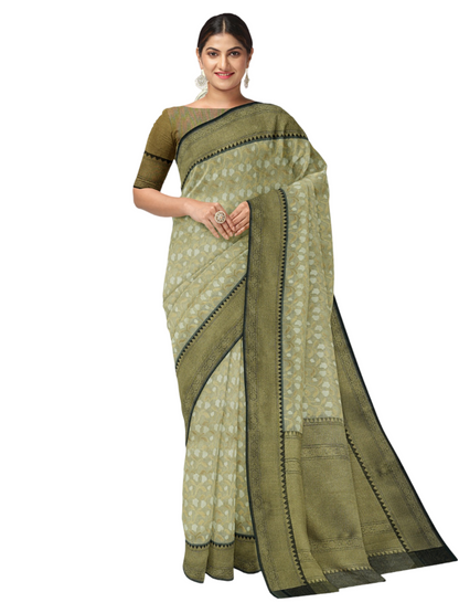Faishana Presents Presents Off White Cotton Floral Jaal Pattern Banarasi Black Border Saree