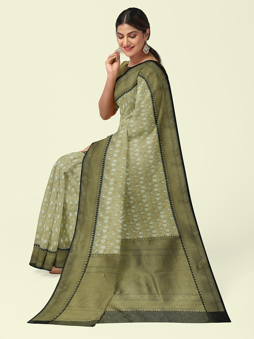 Faishana Presents Presents Off White Cotton Floral Jaal Pattern Banarasi Black Border Saree