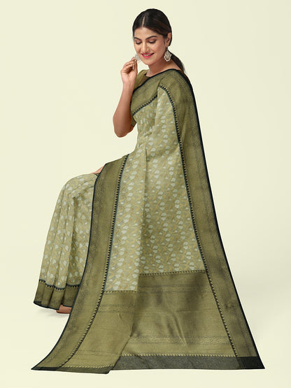 Faishana Presents Presents Off White Cotton Floral Jaal Pattern Banarasi Black Border Saree