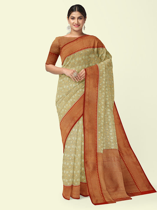 Faishana Presents Presents Off White Cotton Floral Jaal Pattern Banarasi Black Border Saree