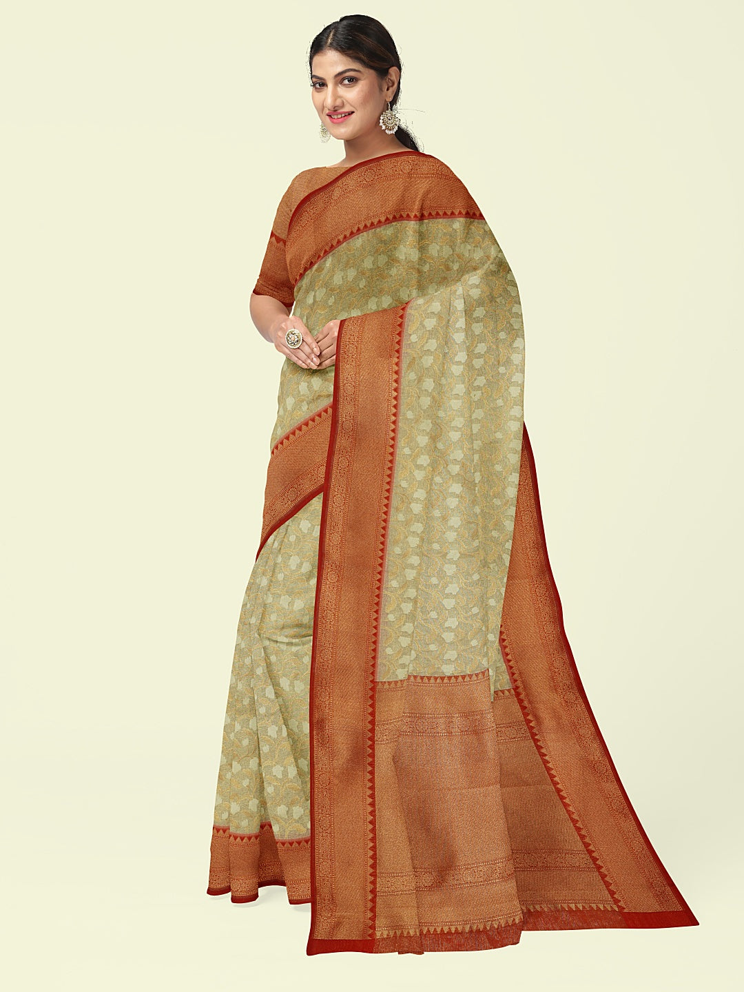 Faishana Presents Presents Off White Cotton Floral Jaal Pattern Banarasi Black Border Saree