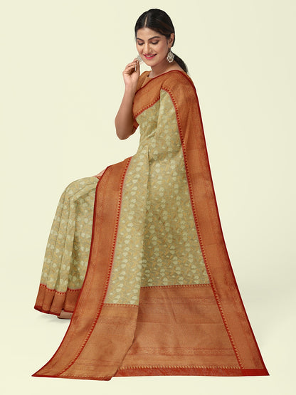 Faishana Presents Presents Off White Cotton Floral Jaal Pattern Banarasi Black Border Saree