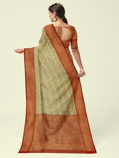 Faishana Presents Presents Off White Cotton Floral Jaal Pattern Banarasi Black Border Saree