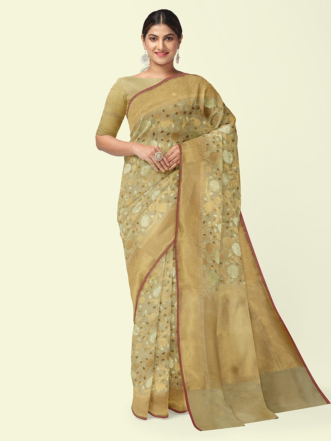 Faishana Presents Presents Beige Cotton Alfi Jaal Pattern Banarasi Beige Border Saree