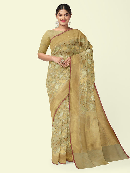 Faishana Presents Presents Beige Cotton Alfi Jaal Pattern Banarasi Beige Border Saree