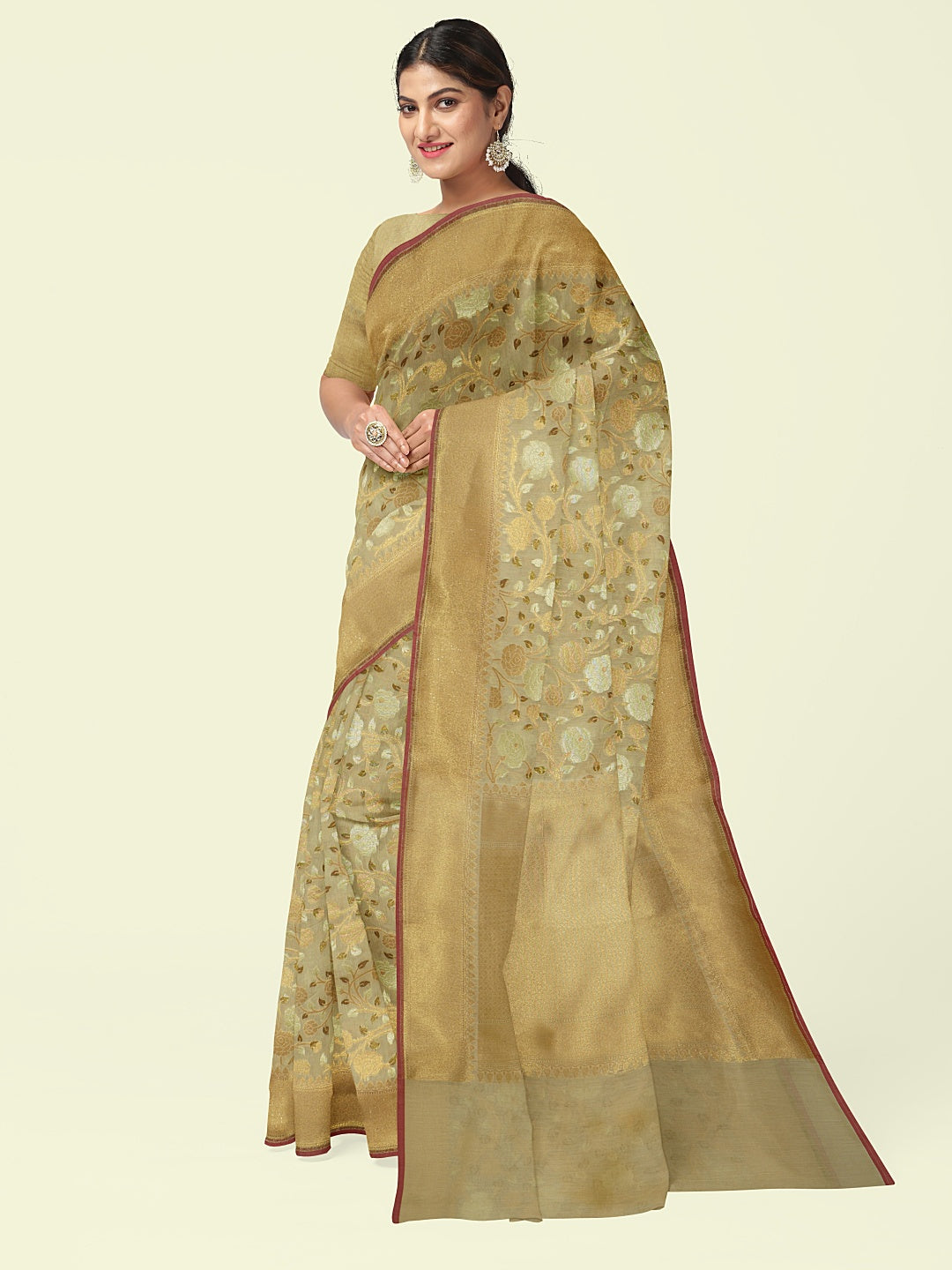 Faishana Presents Presents Beige Cotton Alfi Jaal Pattern Banarasi Beige Border Saree