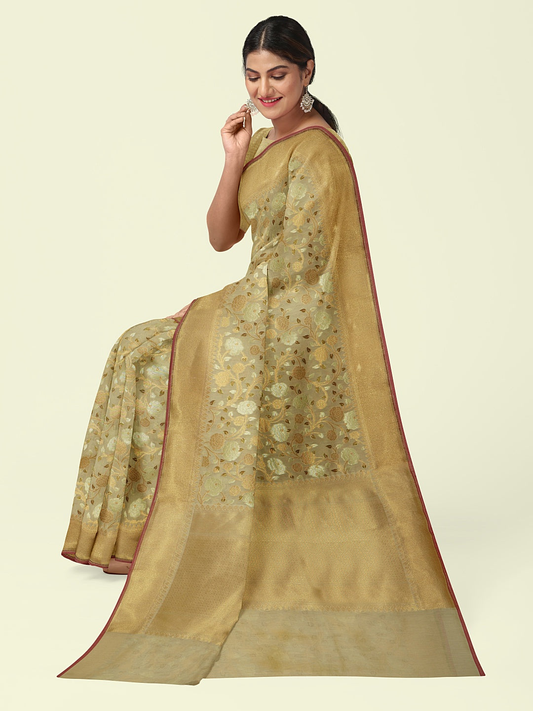 Faishana Presents Presents Beige Cotton Alfi Jaal Pattern Banarasi Beige Border Saree