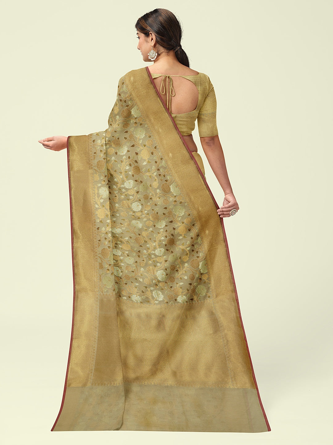 Faishana Presents Presents Beige Cotton Alfi Jaal Pattern Banarasi Beige Border Saree