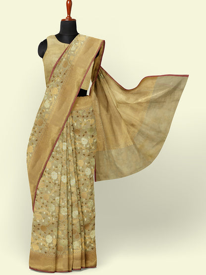 Faishana Presents Presents Beige Cotton Alfi Jaal Pattern Banarasi Beige Border Saree