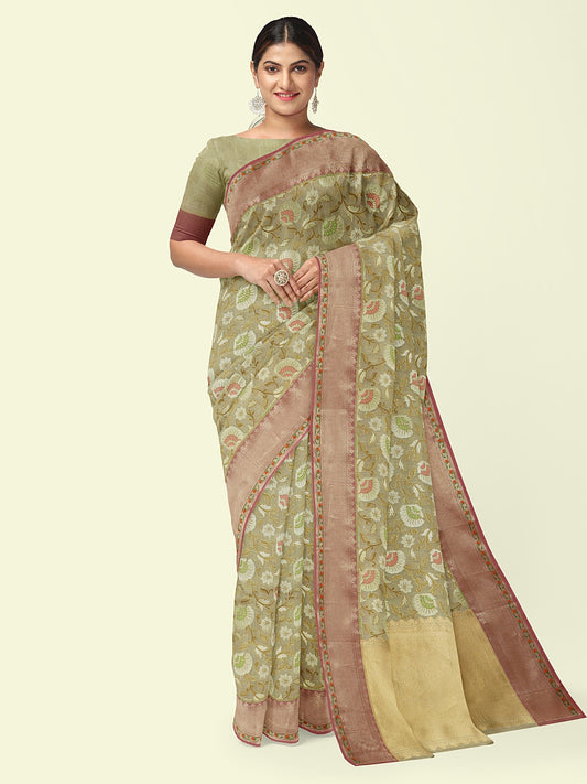 Faishana Presents Presents Beige Cotton Tilfi Meena Jaal With Beige Border Banarasi Saree