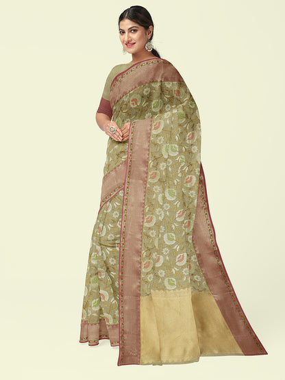 Faishana Presents Presents Beige Cotton Tilfi Meena Jaal With Beige Border Banarasi Saree