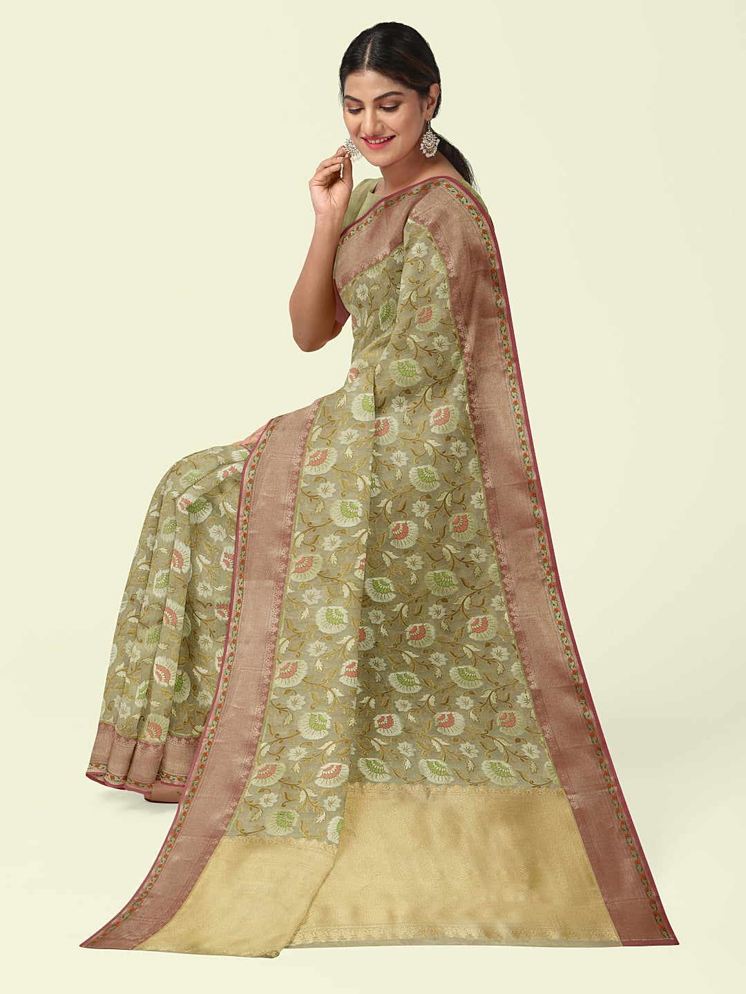 Faishana Presents Presents Beige Cotton Tilfi Meena Jaal With Beige Border Banarasi Saree