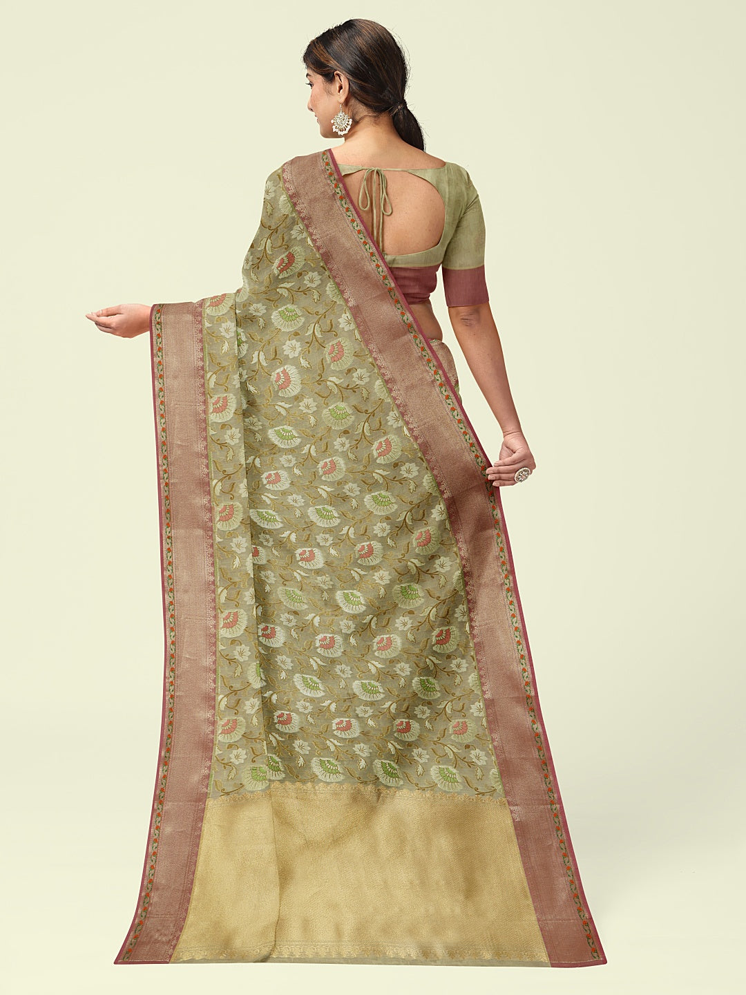 Faishana Presents Presents Beige Cotton Tilfi Meena Jaal With Beige Border Banarasi Saree