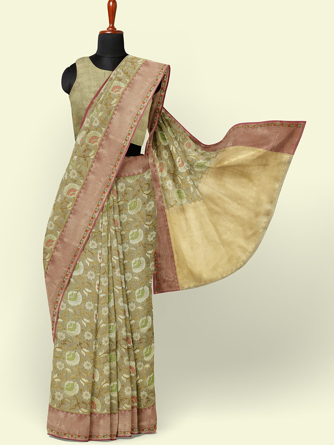 Faishana Presents Presents Beige Cotton Tilfi Meena Jaal With Beige Border Banarasi Saree