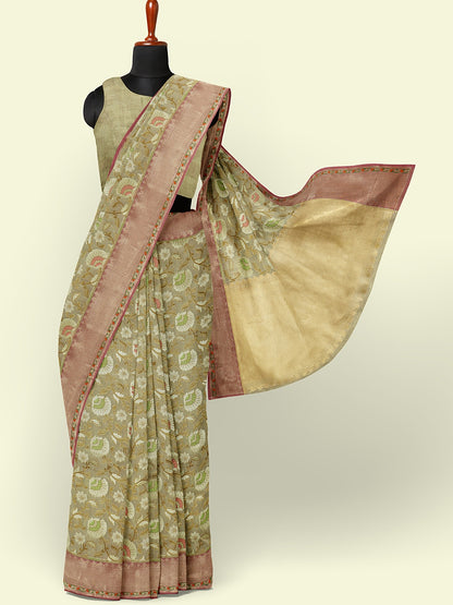 Faishana Presents Presents Beige Cotton Tilfi Meena Jaal With Beige Border Banarasi Saree