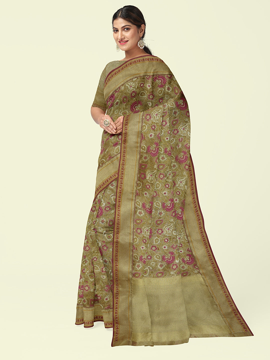 Faishana Presents Presents Beige Cotton Paithani Meena Jaal With Beige Border Banarasi Saree