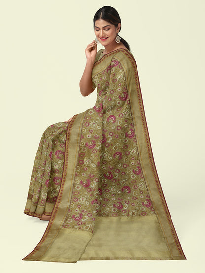 Faishana Presents Presents Beige Cotton Paithani Meena Jaal With Beige Border Banarasi Saree