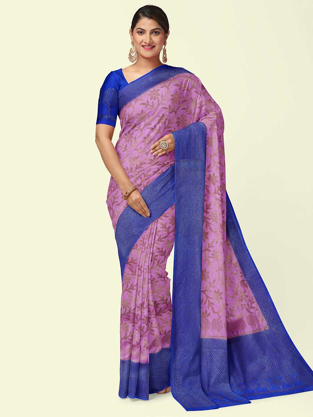 Faishana Presents Handwoven Pink Dupion Silk Jaal Skirt Border With Blue Blouse