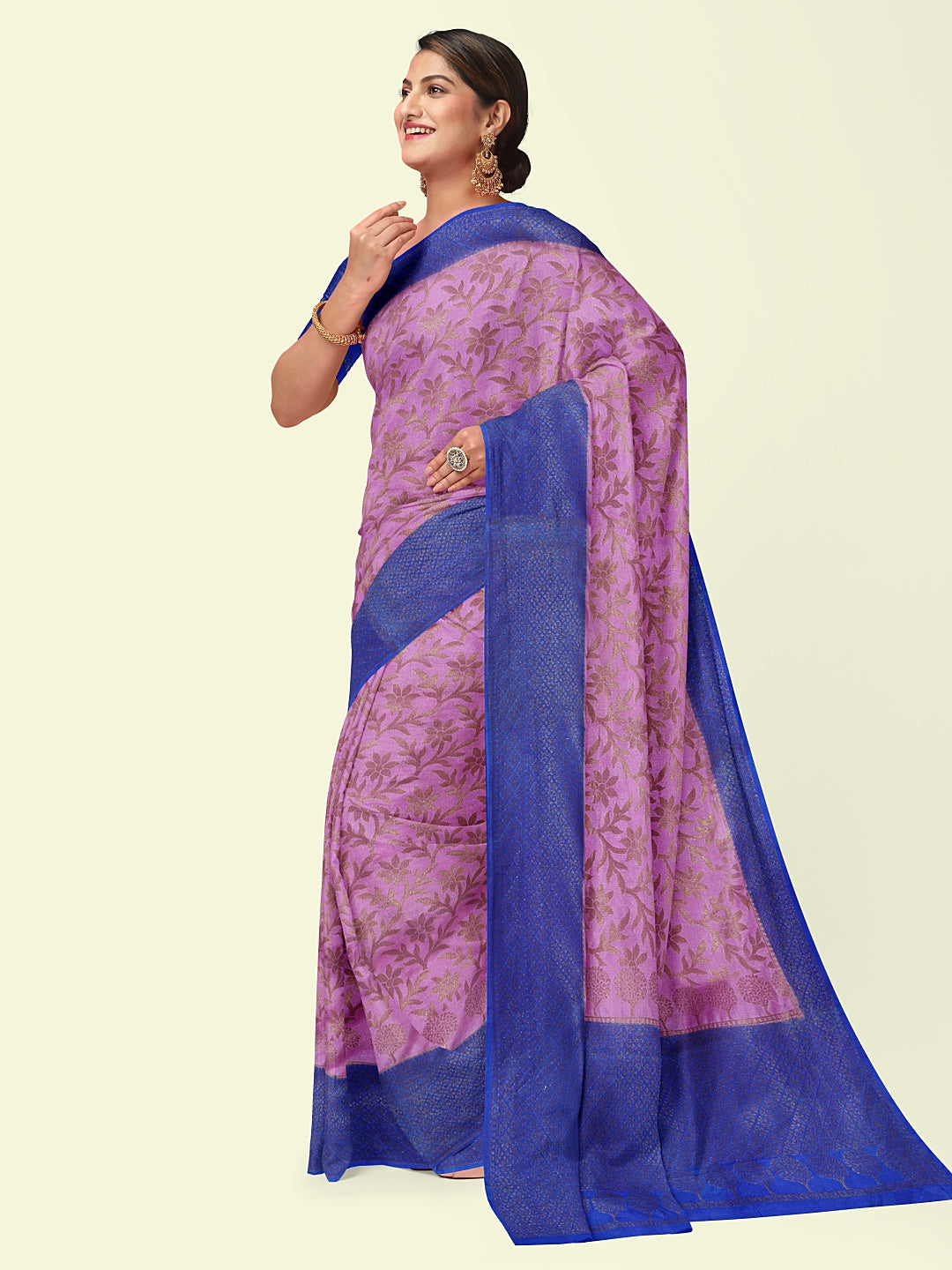 Faishana Presents Handwoven Pink Dupion Silk Jaal Skirt Border With Blue Blouse