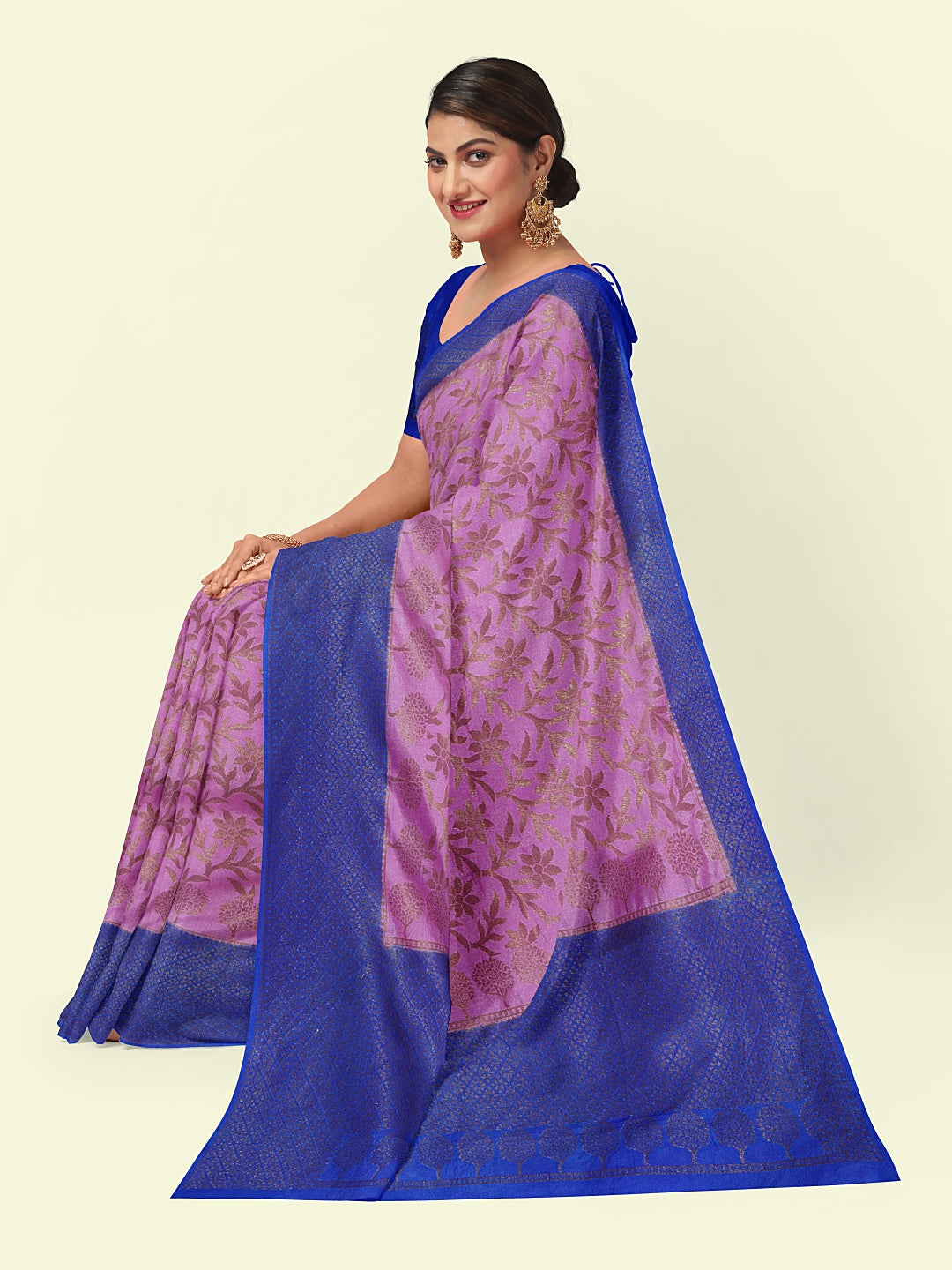 Faishana Presents Handwoven Pink Dupion Silk Jaal Skirt Border With Blue Blouse