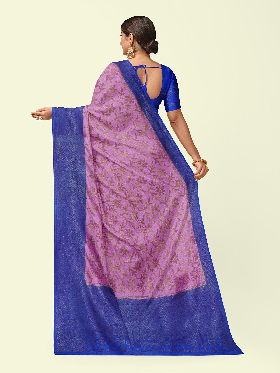 Faishana Presents Handwoven Pink Dupion Silk Jaal Skirt Border With Blue Blouse