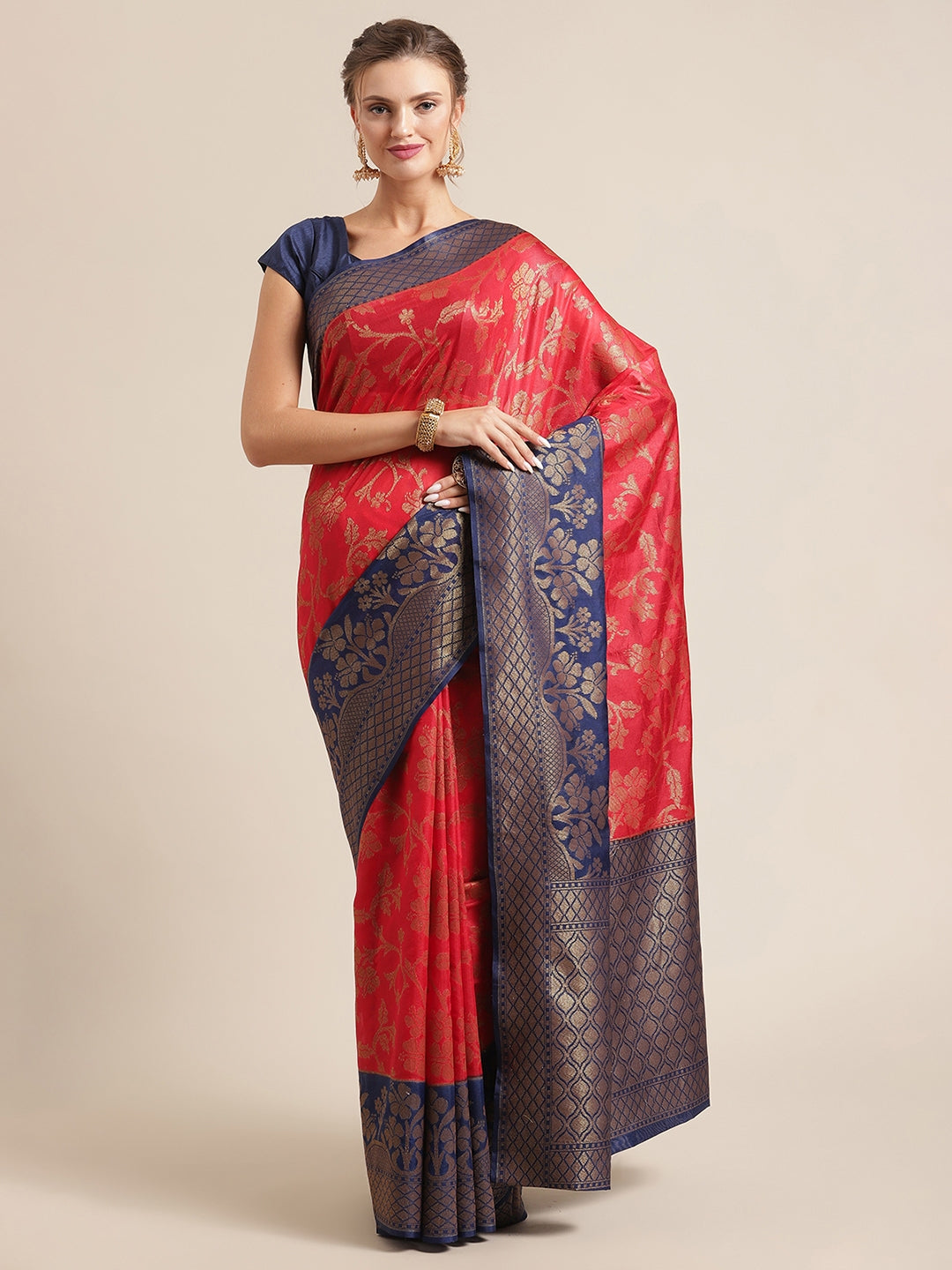 Faishana Presents Handwoven Red Dupion Silk Jaal Skirt Border With Navy Blue Blouse Banarasi Saree