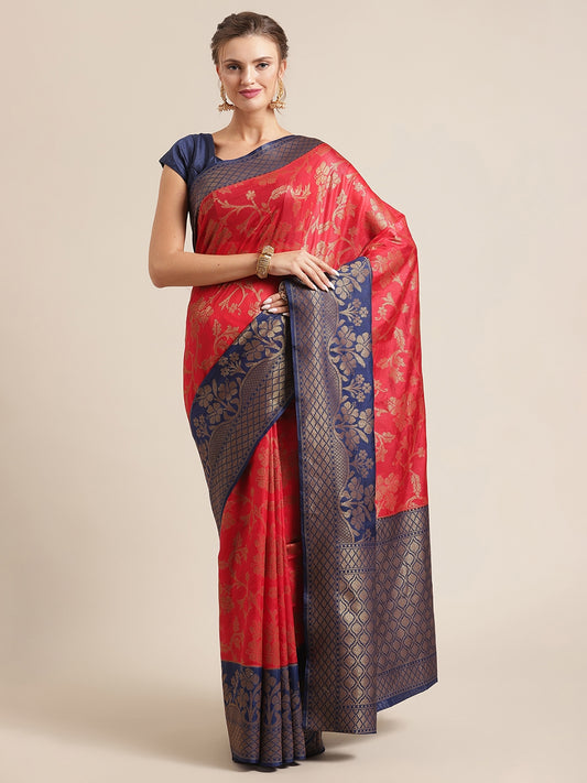 Faishana Presents Handwoven Red Dupion Silk Jaal Skirt Border With Navy Blue Blouse Banarasi Saree