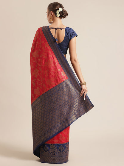 Faishana Presents Handwoven Red Dupion Silk Jaal Skirt Border With Navy Blue Blouse Banarasi Saree