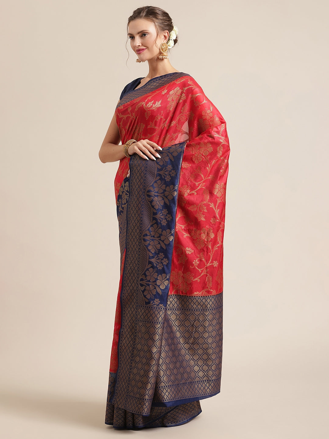 Faishana Presents Handwoven Red Dupion Silk Jaal Skirt Border With Navy Blue Blouse Banarasi Saree