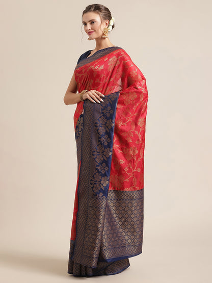 Faishana Presents Handwoven Red Dupion Silk Jaal Skirt Border With Navy Blue Blouse Banarasi Saree