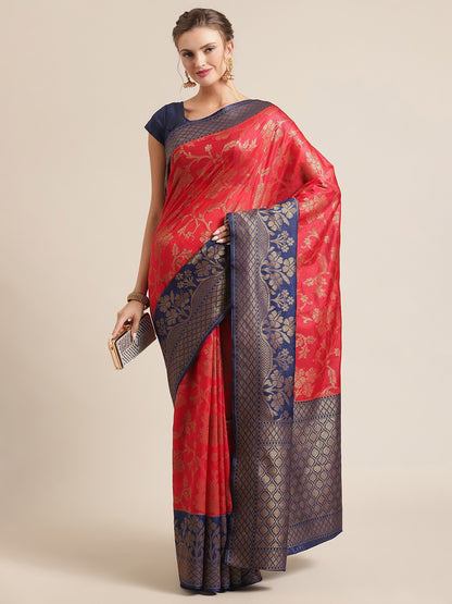 Faishana Presents Handwoven Red Dupion Silk Jaal Skirt Border With Navy Blue Blouse Banarasi Saree