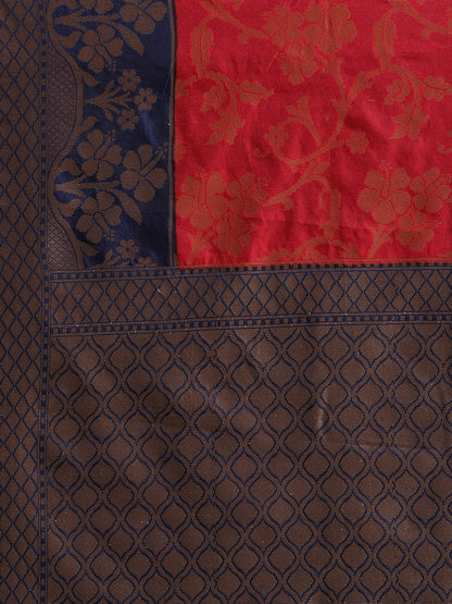 Faishana Presents Handwoven Red Dupion Silk Jaal Skirt Border With Navy Blue Blouse Banarasi Saree