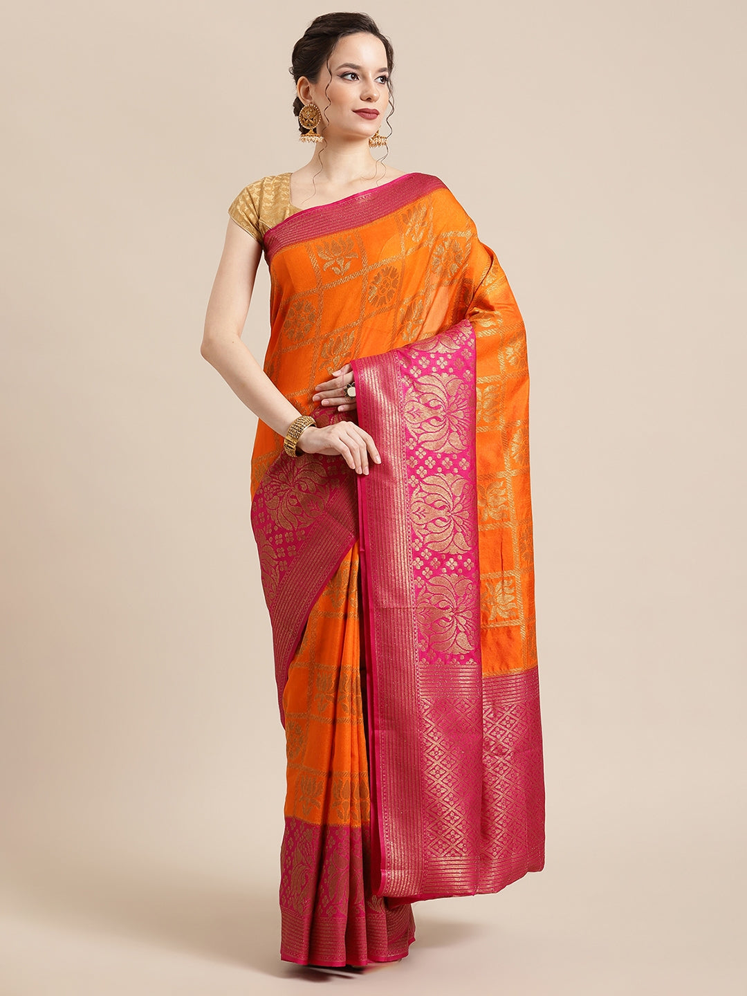 Faishana Presents Handwoven Orange Dupion Silk Jaal Skirt Border With Pink Blouse Banarasi Saree