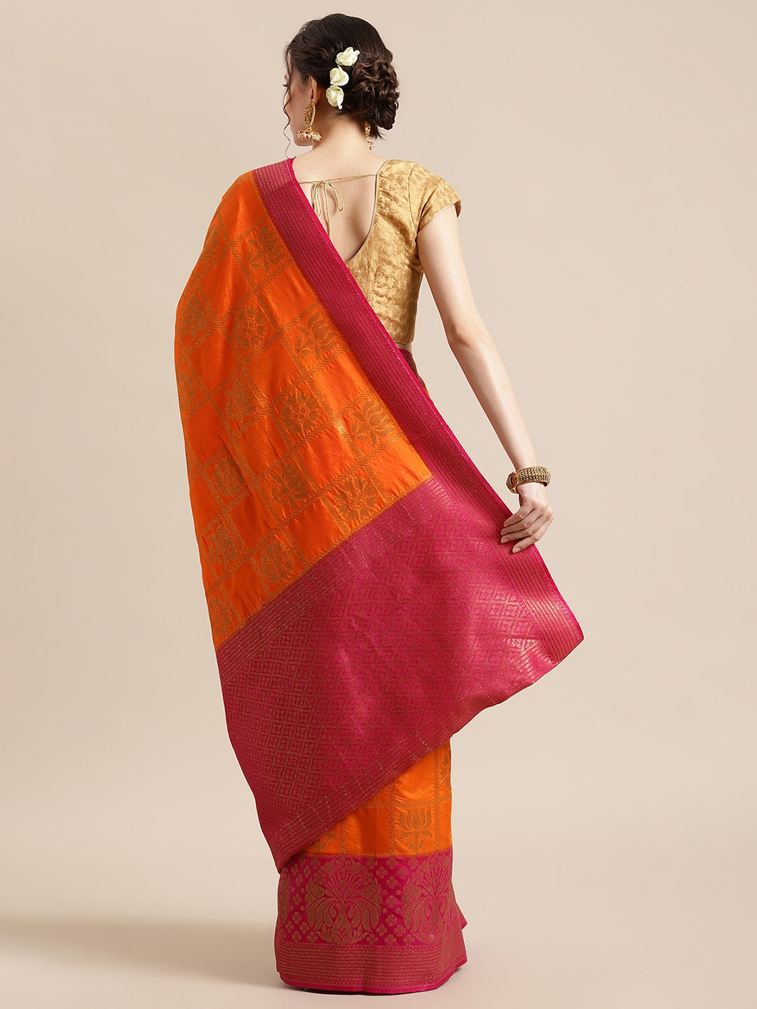 Faishana Presents Handwoven Orange Dupion Silk Jaal Skirt Border With Pink Blouse Banarasi Saree