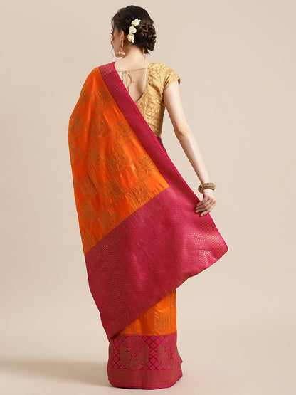 Faishana Presents Handwoven Orange Dupion Silk Jaal Skirt Border With Pink Blouse Banarasi Saree