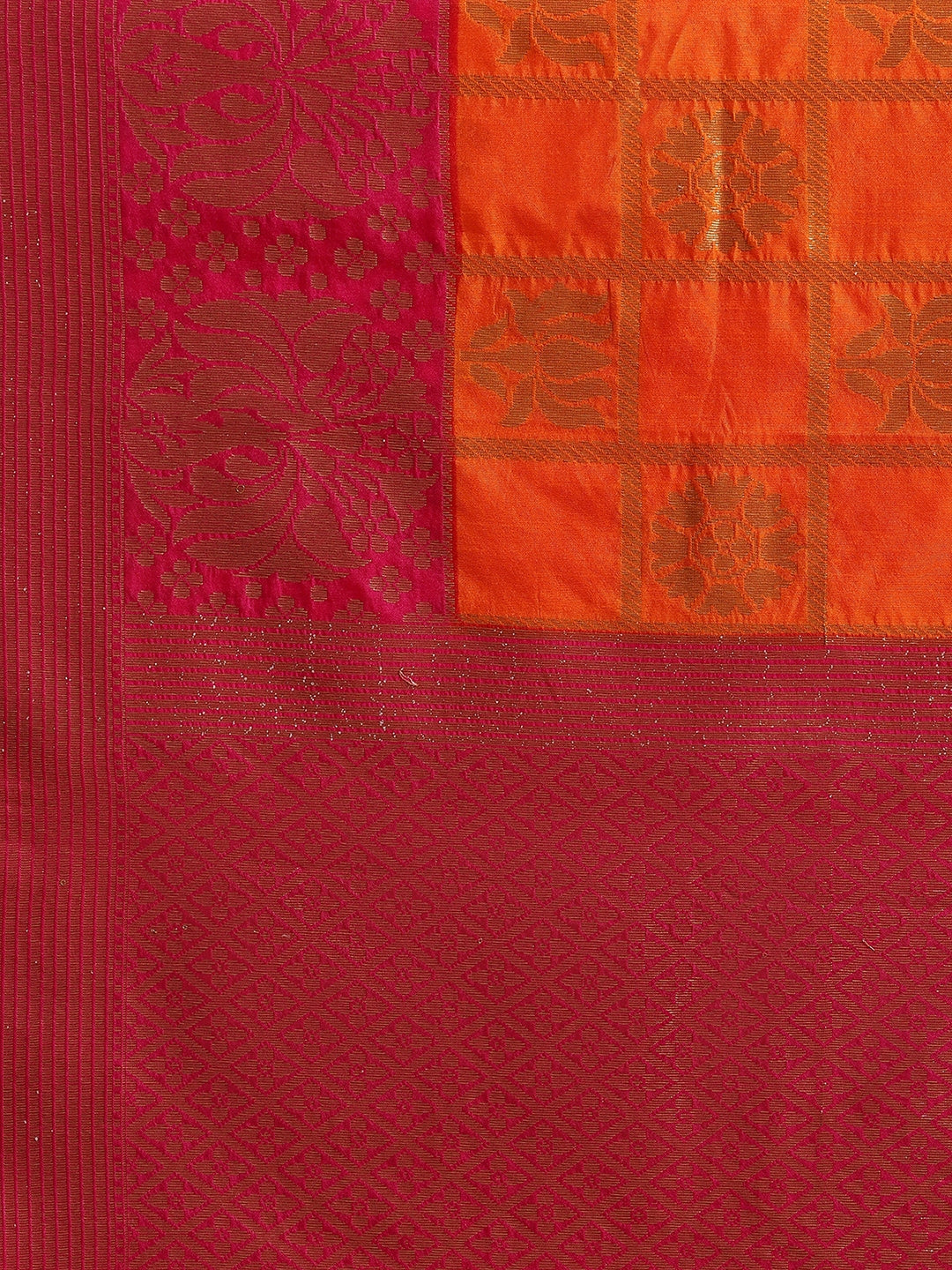 Faishana Presents Handwoven Orange Dupion Silk Jaal Skirt Border With Pink Blouse Banarasi Saree