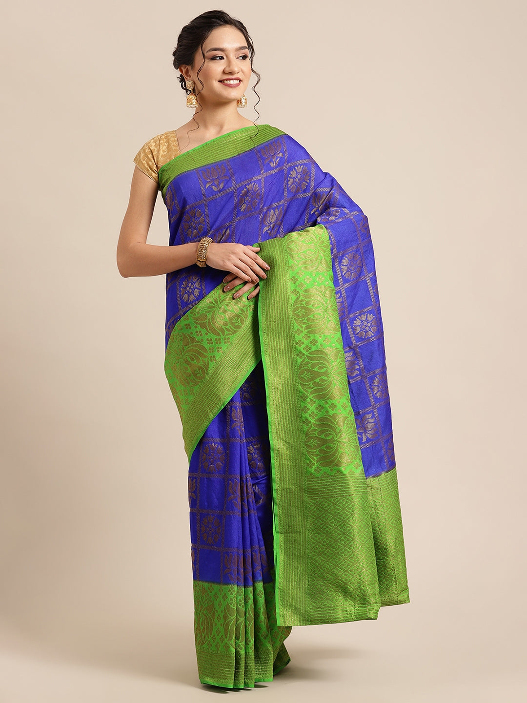 Faishana Presents Handwoven Blue Dupion Silk Jaal Skirt Border With Green Blouse Banarasi Saree