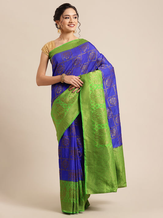 Faishana Presents Handwoven Blue Dupion Silk Jaal Skirt Border With Green Blouse Banarasi Saree
