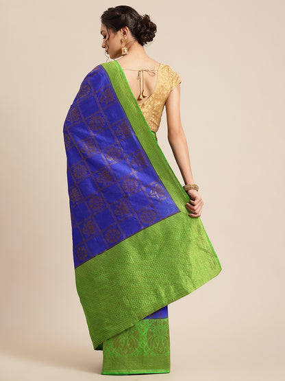 Faishana Presents Handwoven Blue Dupion Silk Jaal Skirt Border With Green Blouse Banarasi Saree