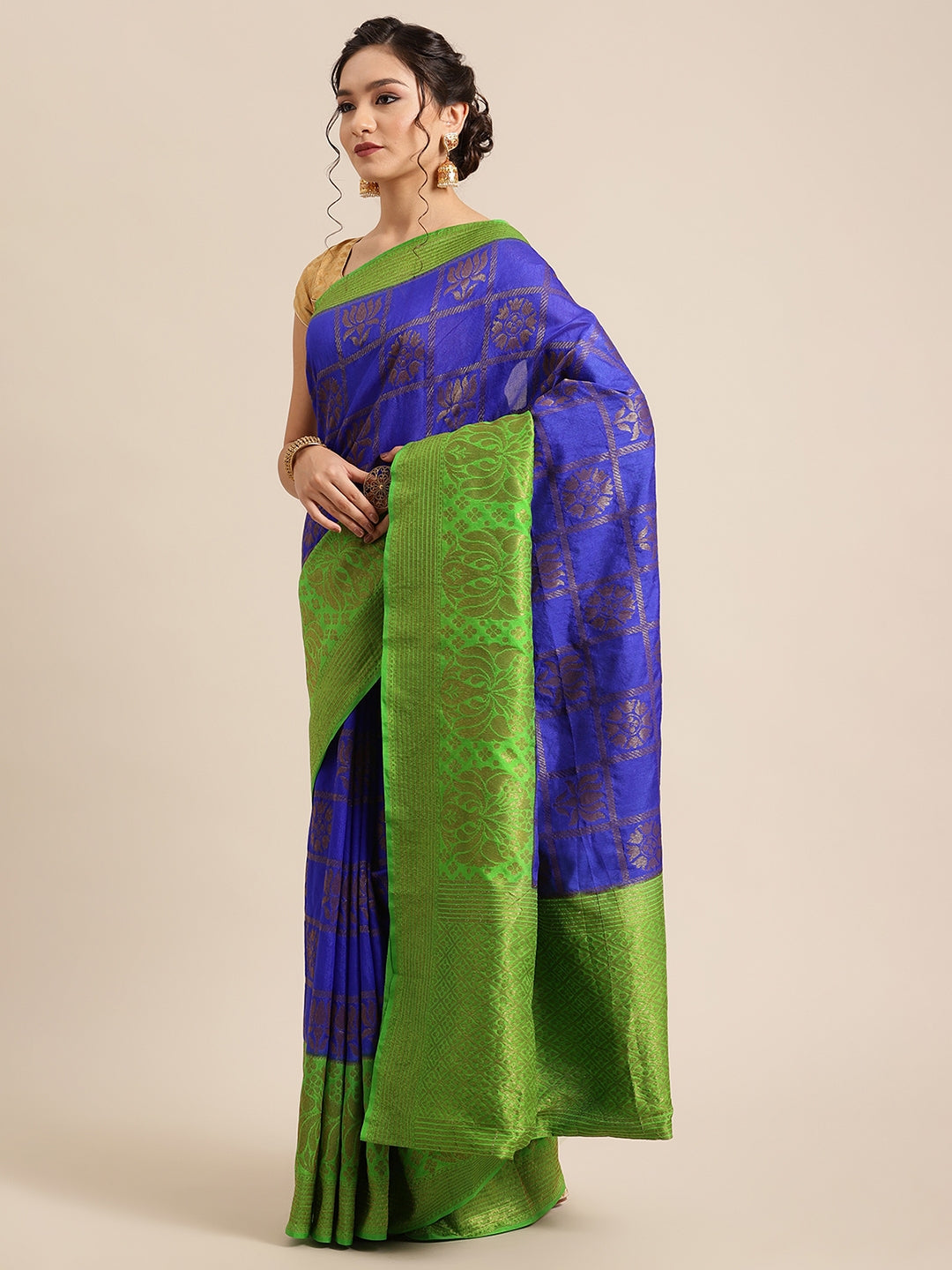 Faishana Presents Handwoven Blue Dupion Silk Jaal Skirt Border With Green Blouse Banarasi Saree