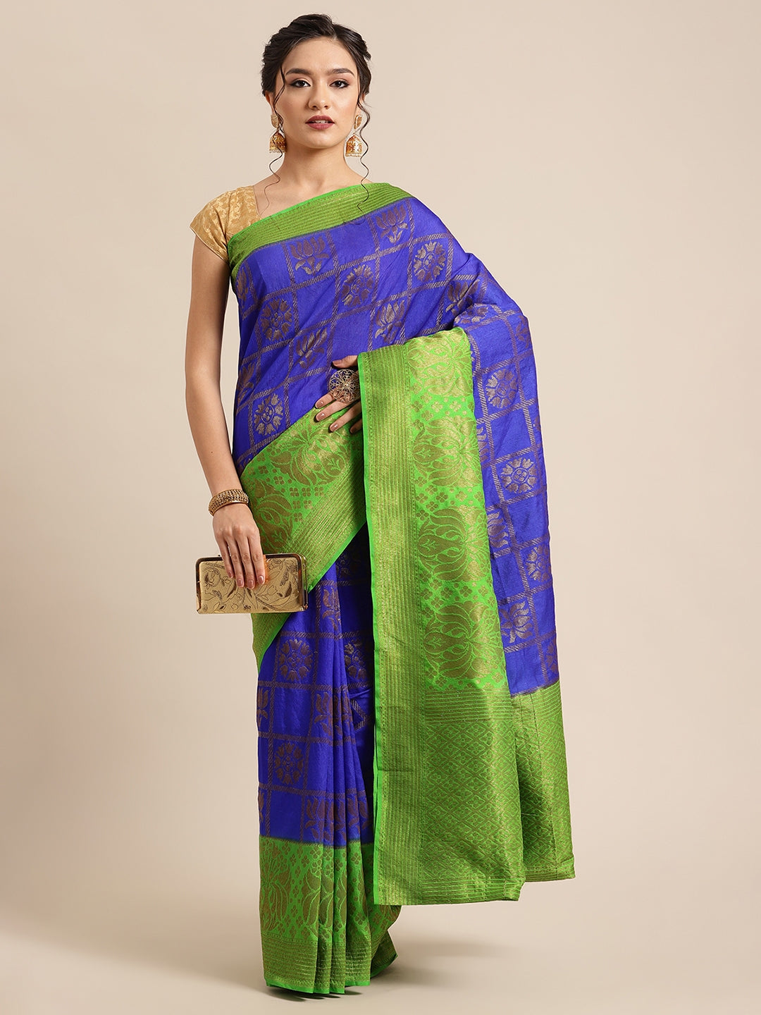 Faishana Presents Handwoven Blue Dupion Silk Jaal Skirt Border With Green Blouse Banarasi Saree