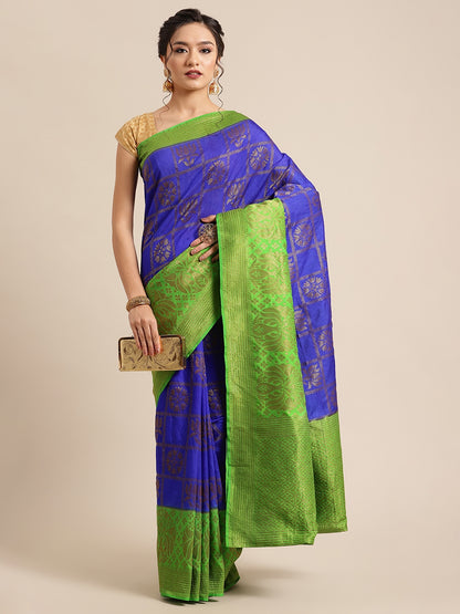 Faishana Presents Handwoven Blue Dupion Silk Jaal Skirt Border With Green Blouse Banarasi Saree