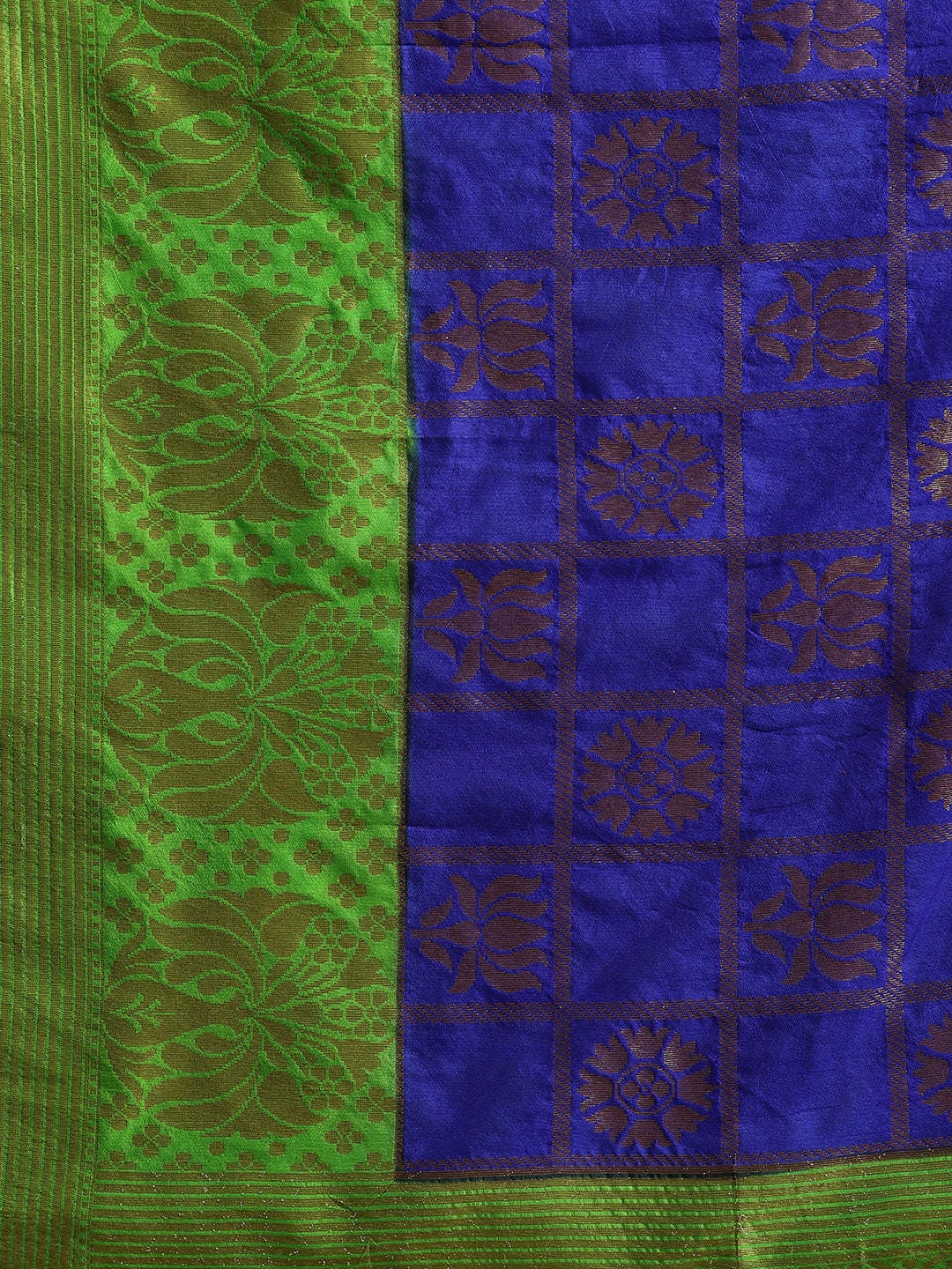 Faishana Presents Handwoven Blue Dupion Silk Jaal Skirt Border With Green Blouse Banarasi Saree