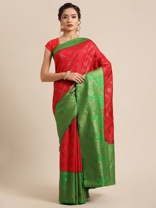 Faishana Presents Handwoven Red Dupion Silk Jaal Skirt Border With Green Blouse Banarasi Saree