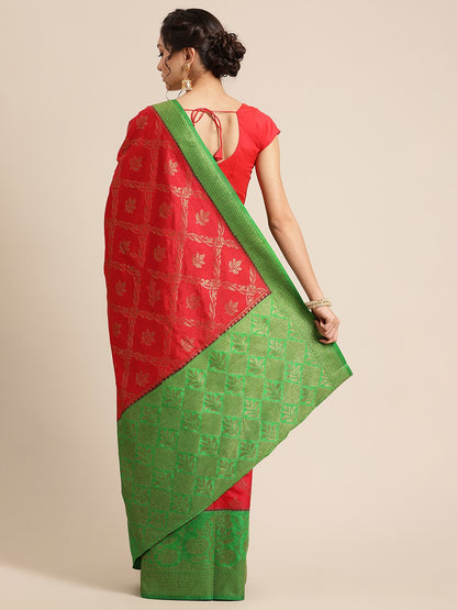 Faishana Presents Handwoven Red Dupion Silk Jaal Skirt Border With Green Blouse Banarasi Saree